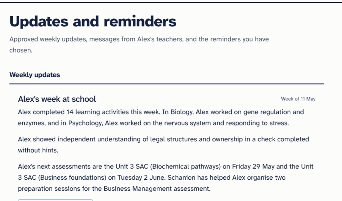 A weekly family update written from school records, marked as approved by a teacher. Fictional demonstration data.