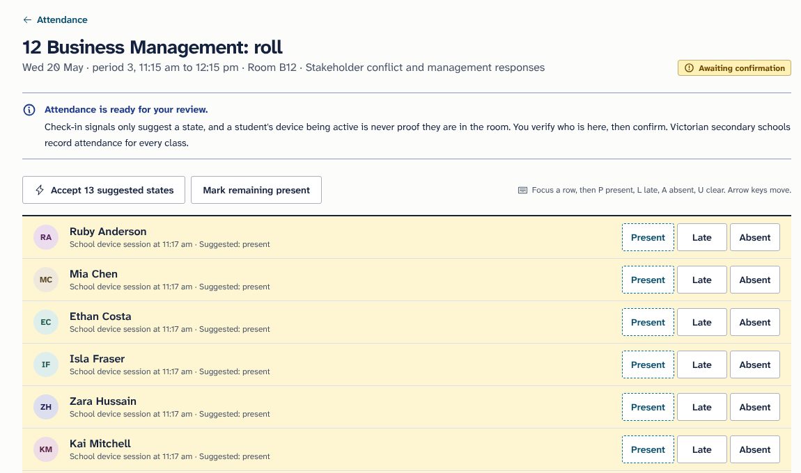 The teacher's roll for a Year 12 Business Management lesson, with suggested states from check-in signals and Present, Late and Absent buttons. Fictional demonstration data.