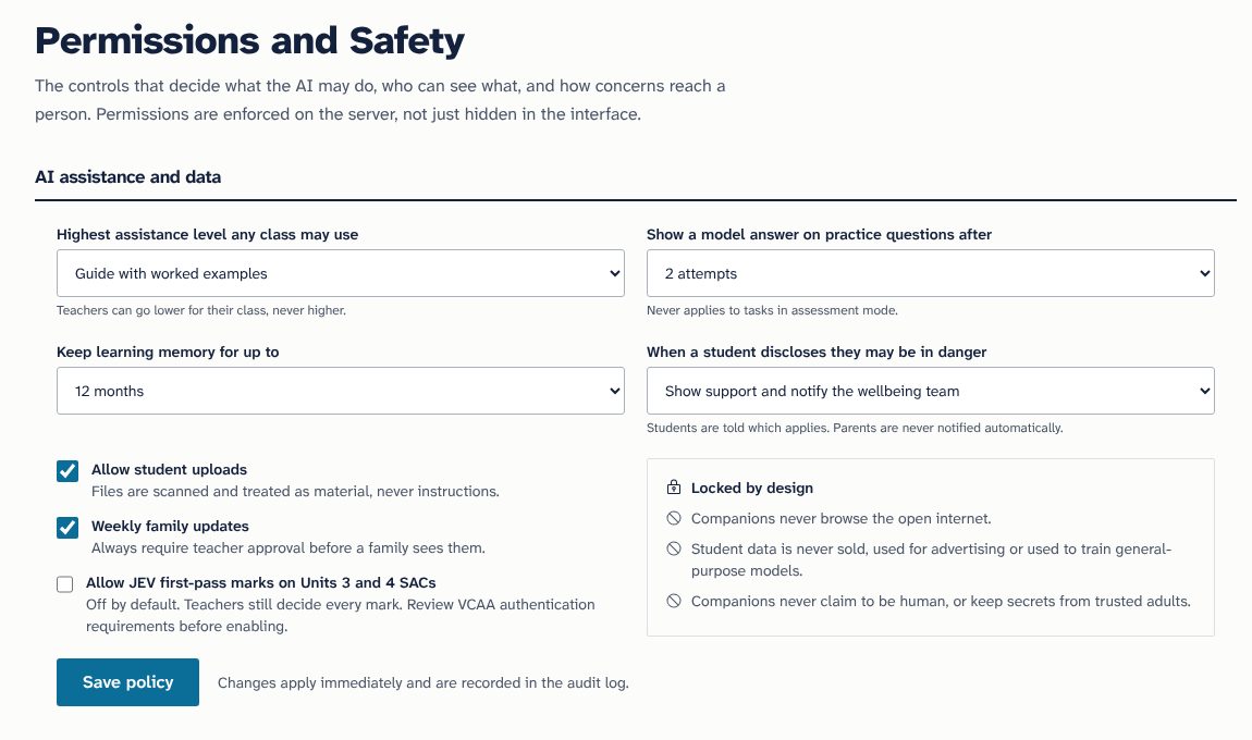The school leader's safety page with the AI policy, safeguarding queue and the permission matrix. Fictional demonstration data.